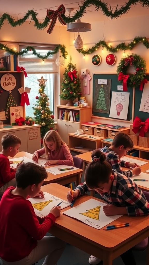 Students in a Christmas drawing class creating festive art in a decorated classroom.